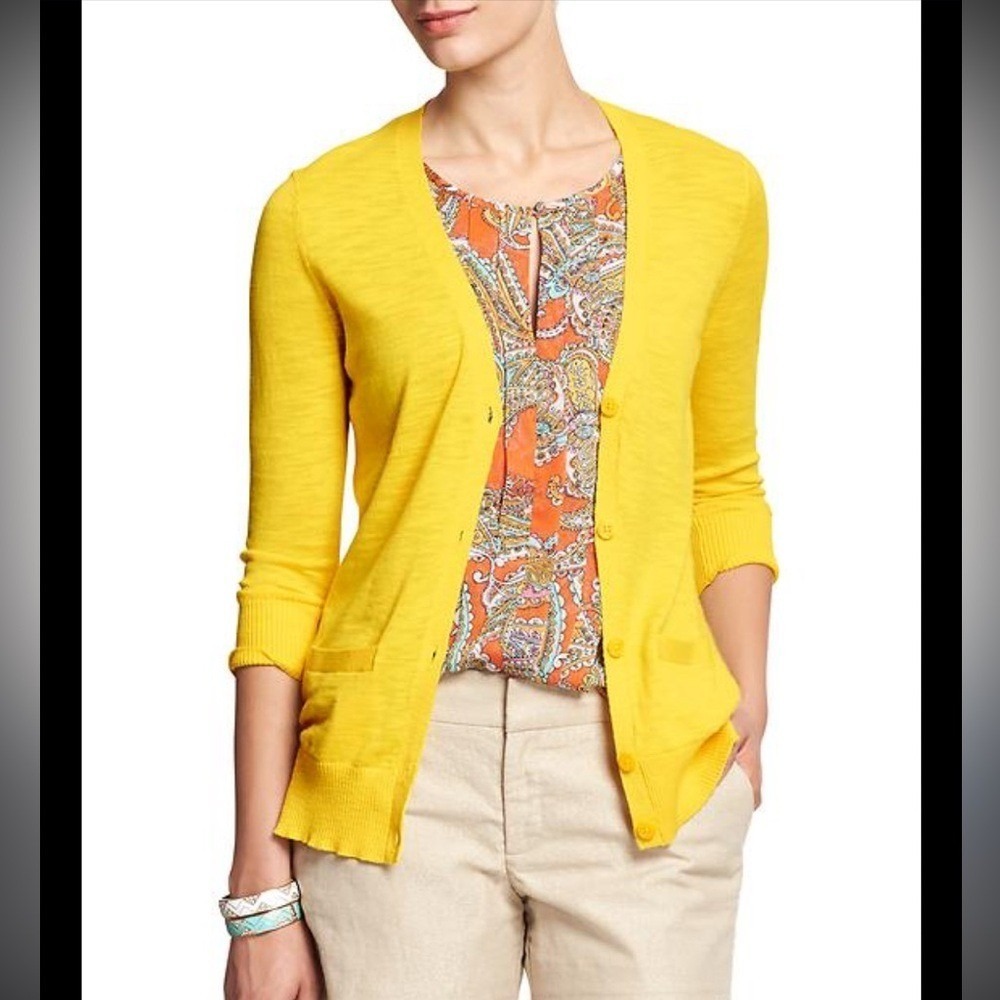 Banana Republic Womens Yellow 100% Cotton Button Front Cardigan Sweater Size S